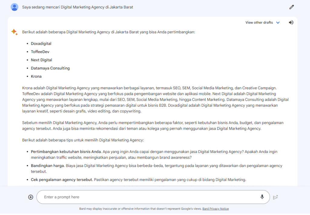 Google Bard Recommend Doxadigital as Digital Marketing Agency in Jakarta 